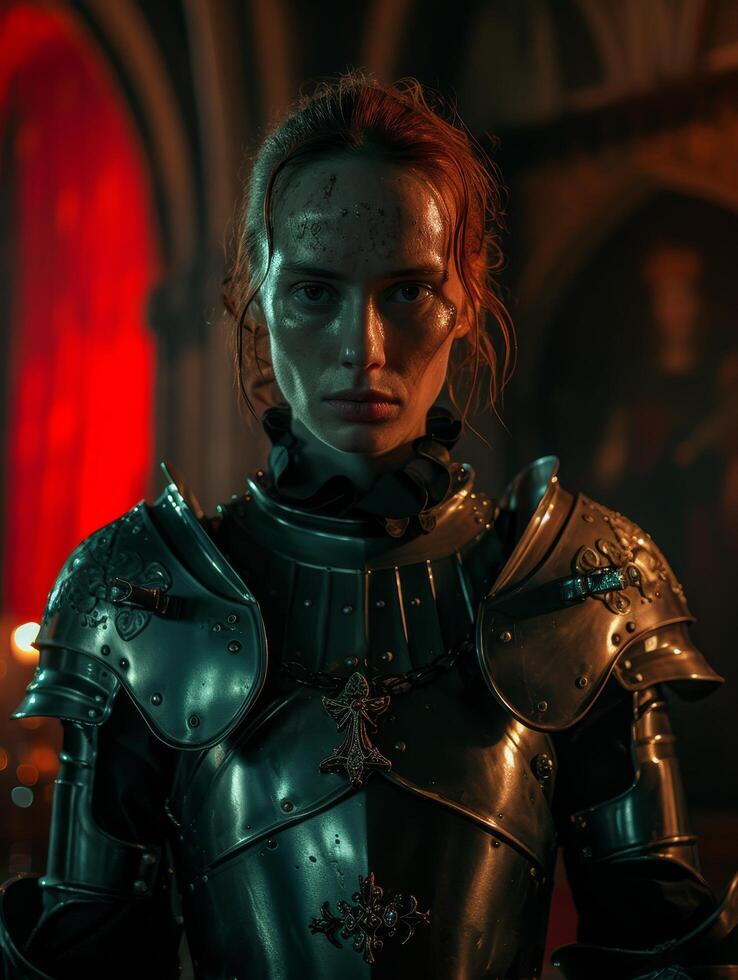 Medieval knight woman in armor standing solemnly in a church photo
