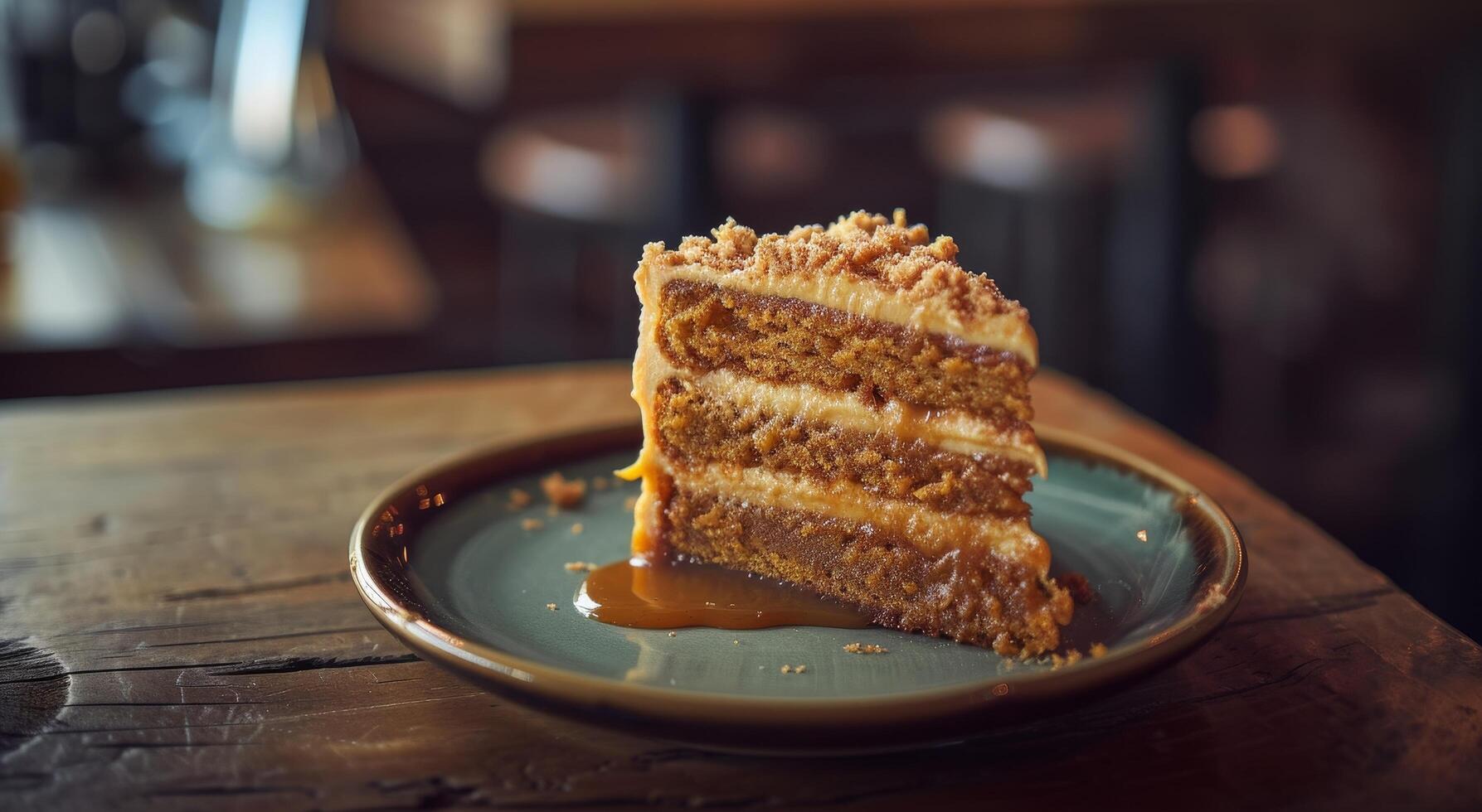 Delicious layered caramel cake on a rustic plate photo