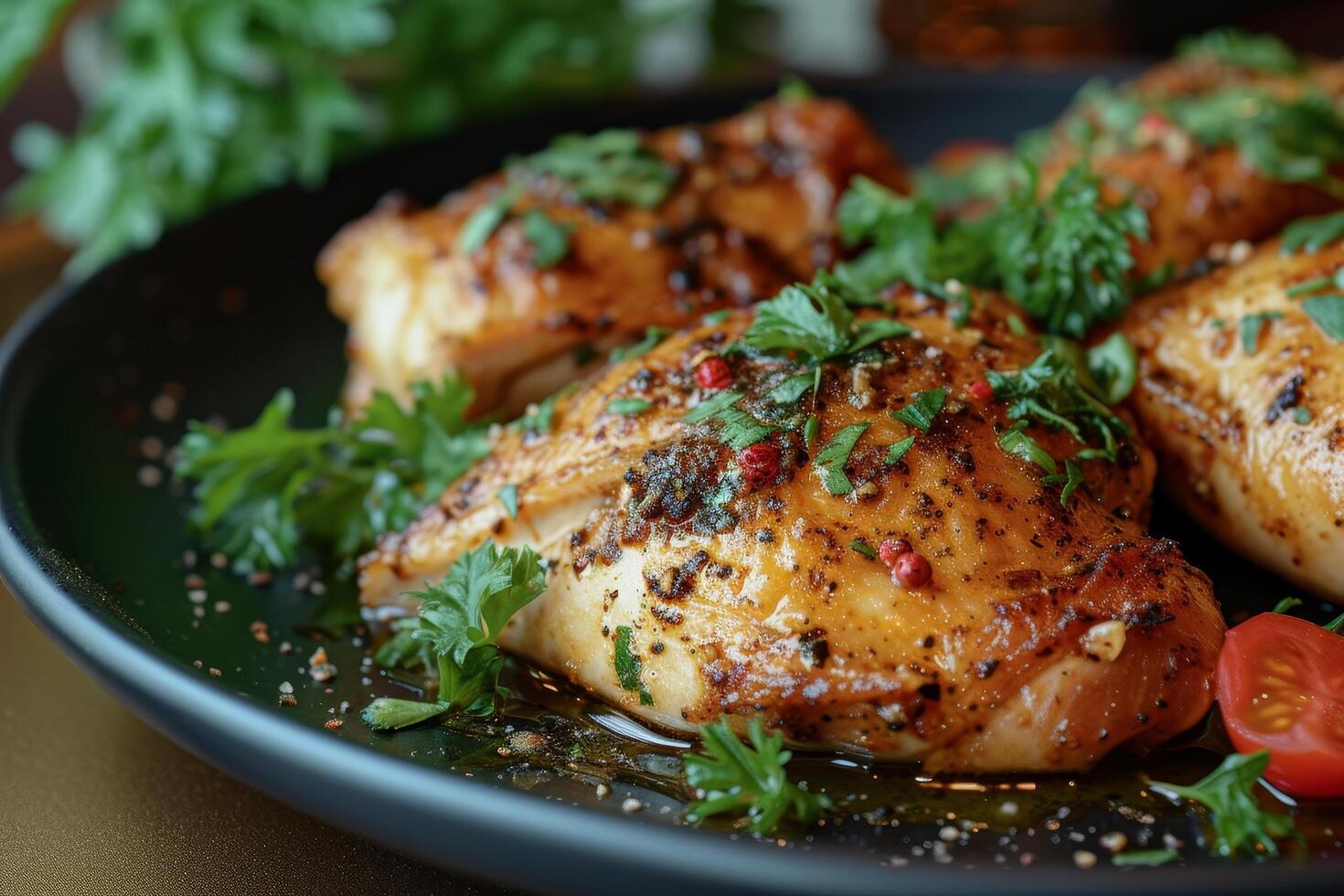 Delicious grilled chicken breasts garnished with fresh herbs on a dark plate photo