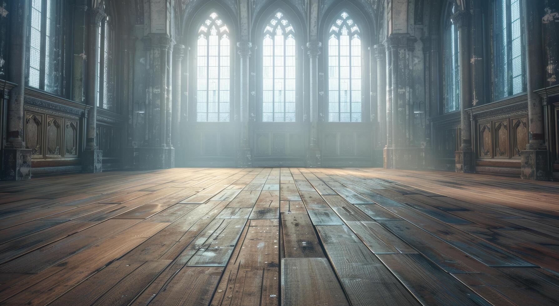 Majestic Gothic Cathedral Interior with Sunlight Streaming Through Windows photo