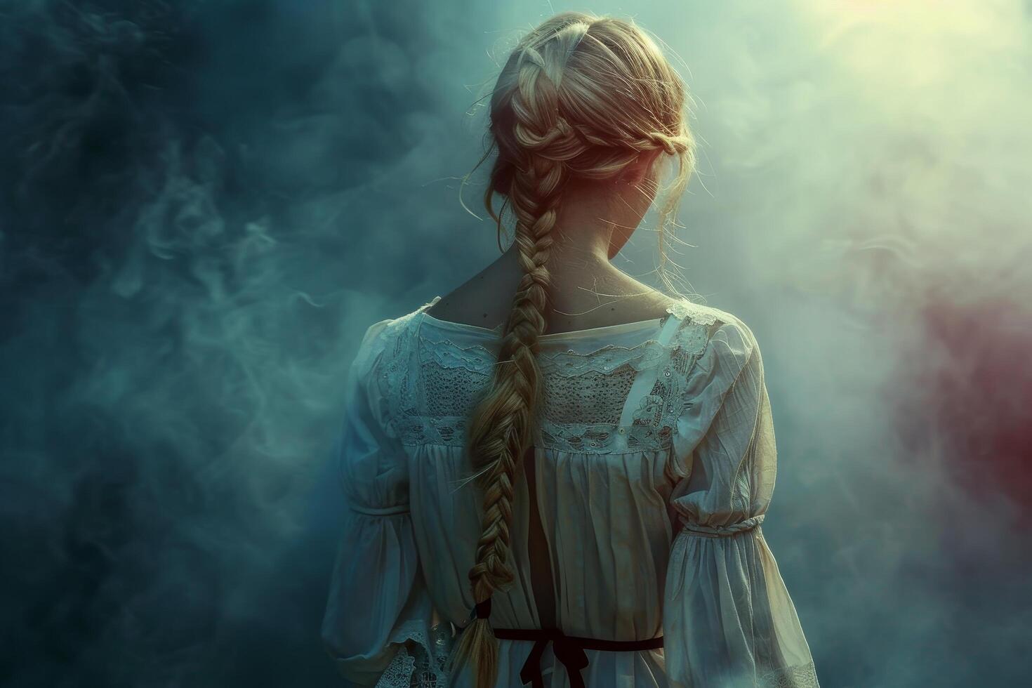 Mysterious woman with braided hair standing in mist photo
