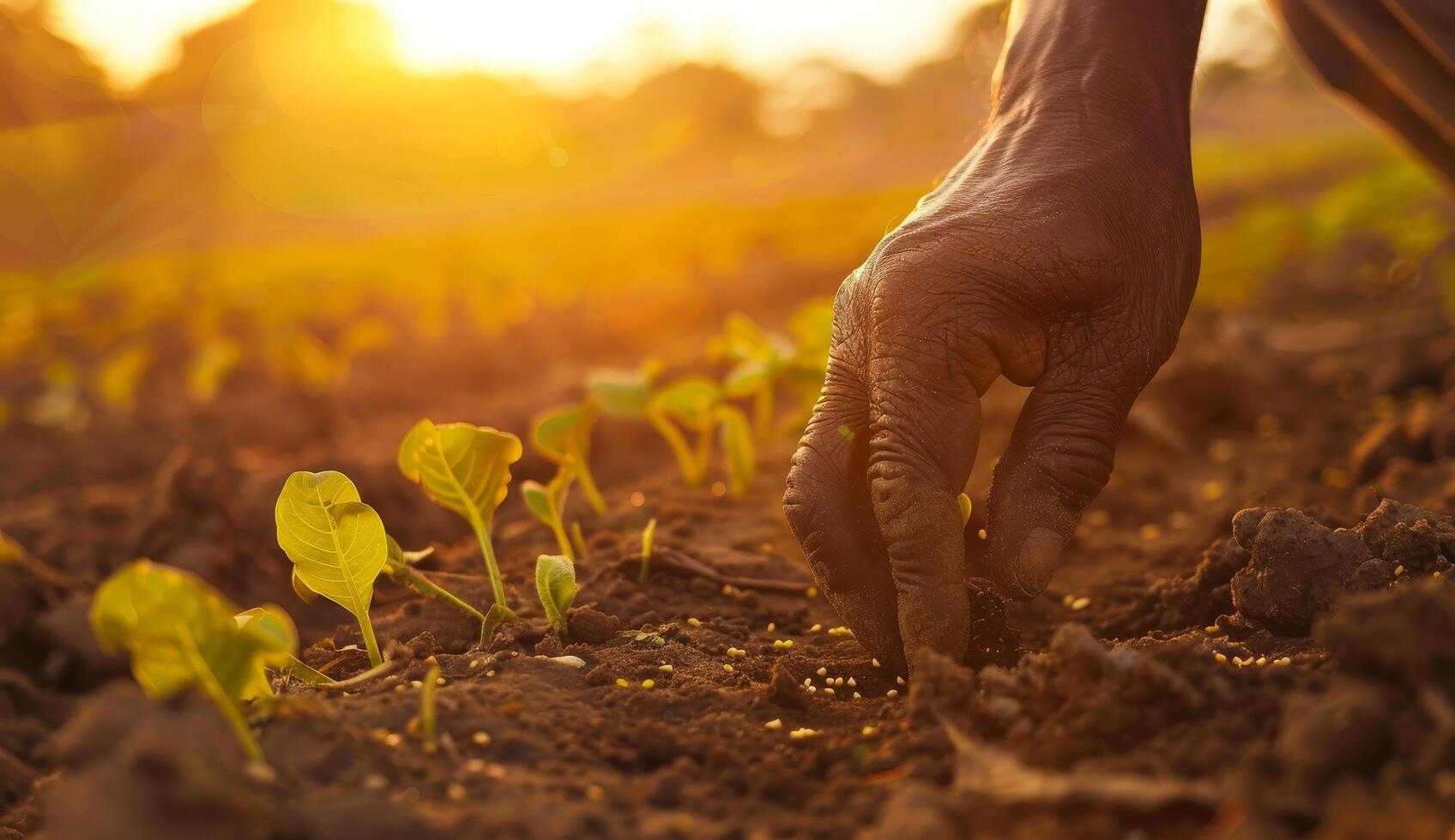 Farmer nurturing young plants in soil at sunset photo