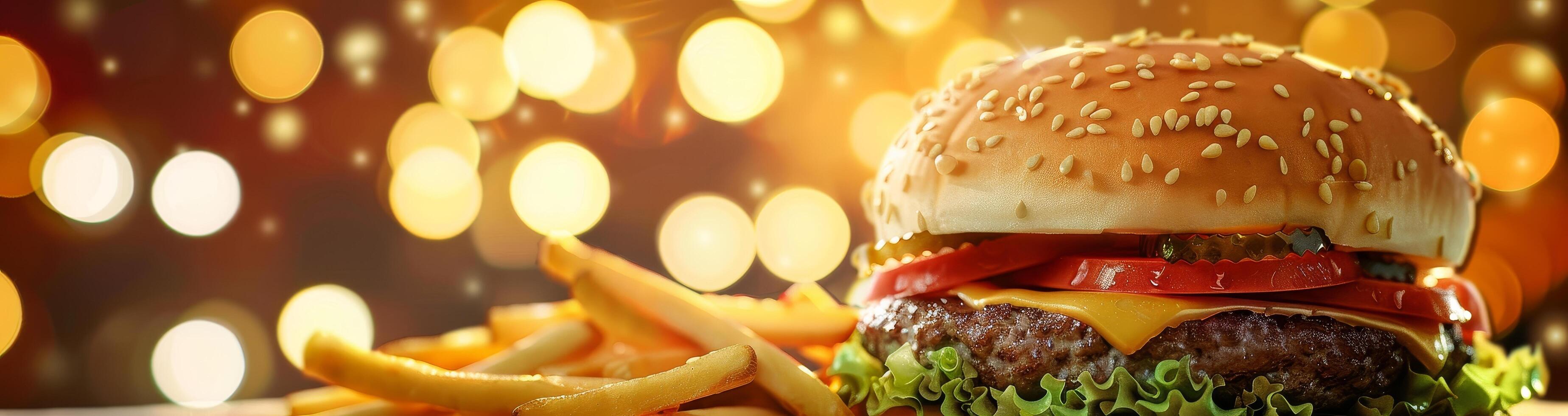 Delicious burger and fries with a sparkling background photo