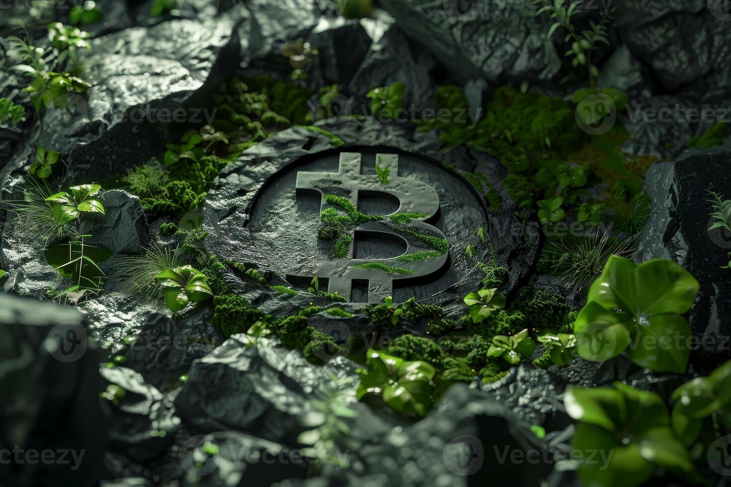 Bitcoin symbol embedded in a lush green rocky landscape photo