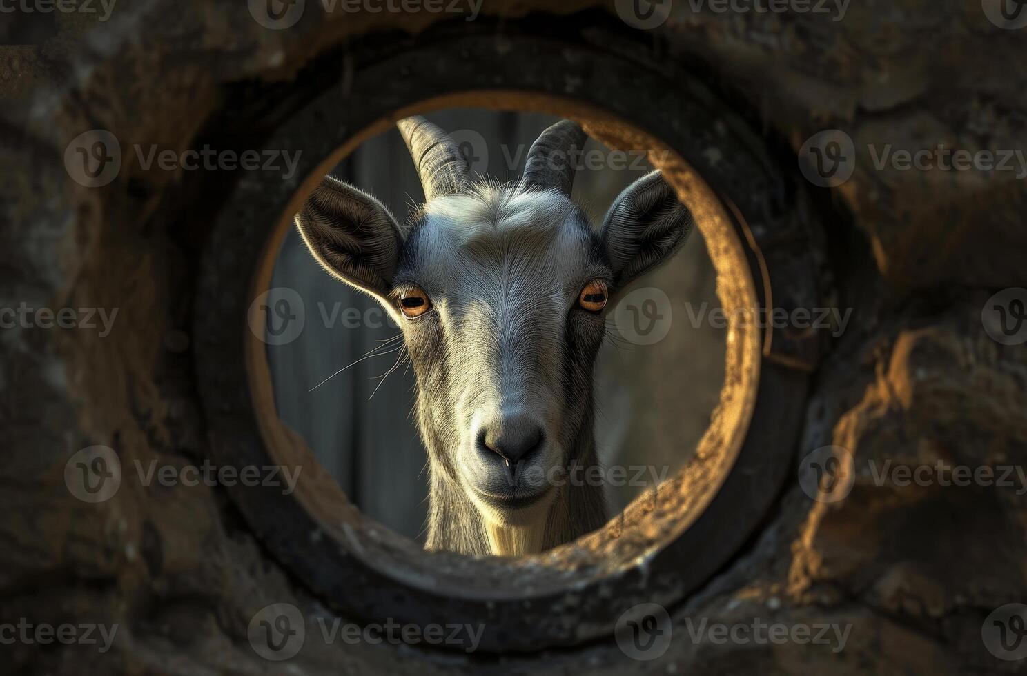 Goat peering through a circular opening photo