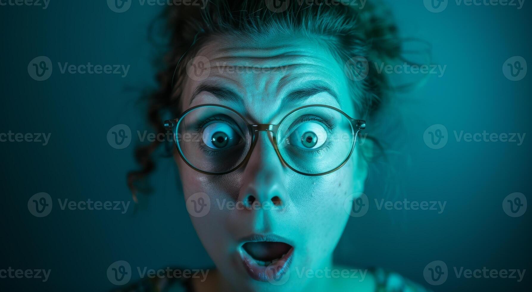 Surprised Young Woman with Glasses on Blue Background photo