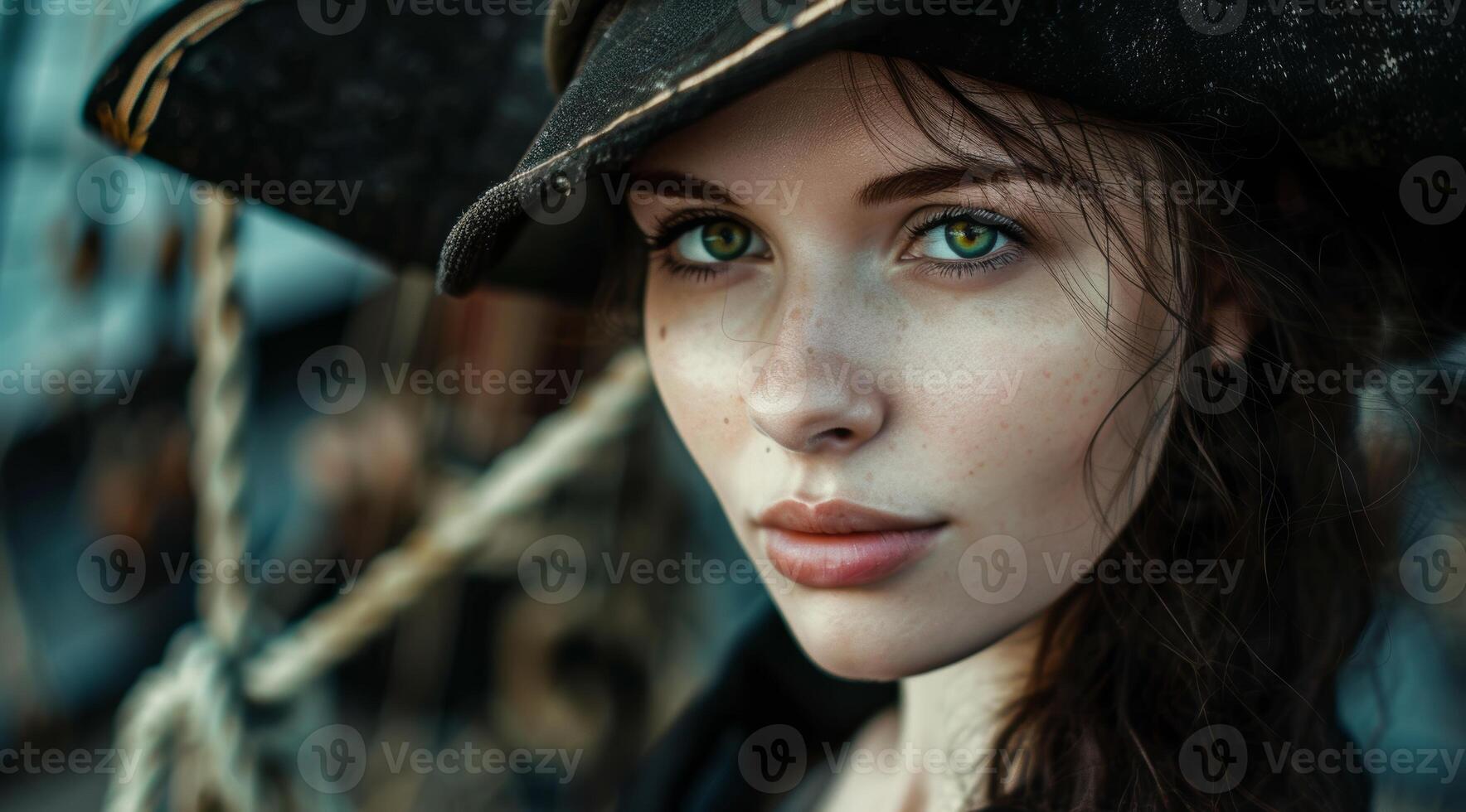 Portrait of a young woman in pirate attire looking intently at the camera photo