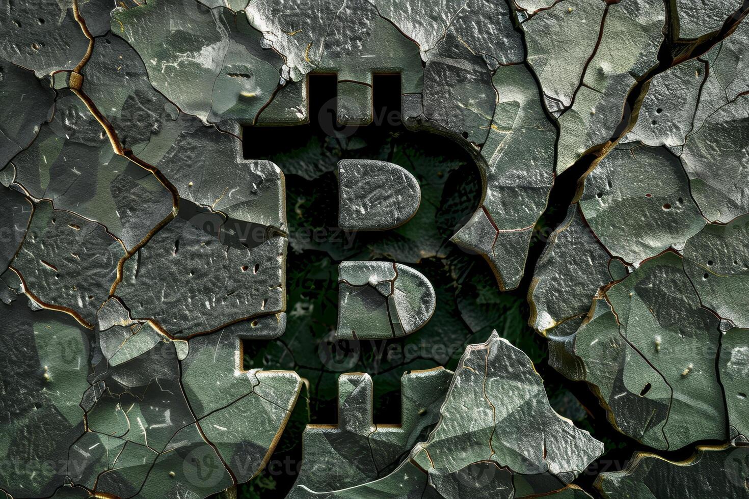 Bitcoin logo emerging from cracked stone surface photo
