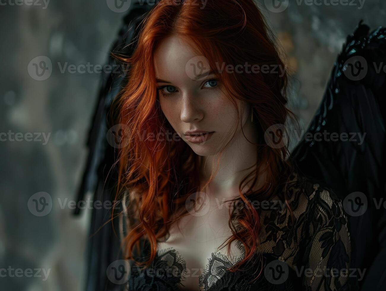 Mysterious woman with red hair and black angel wings photo