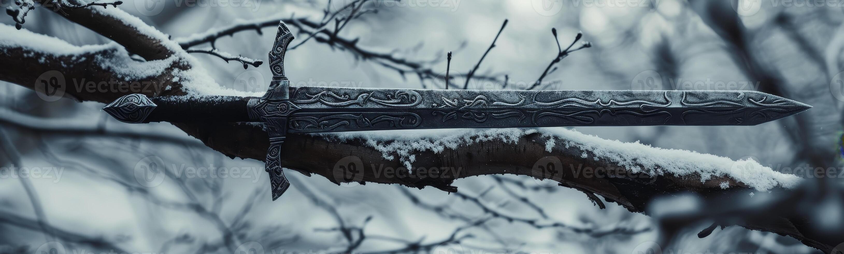 Mystical Sword Resting on Snow Covered Branch in Winter Forest photo