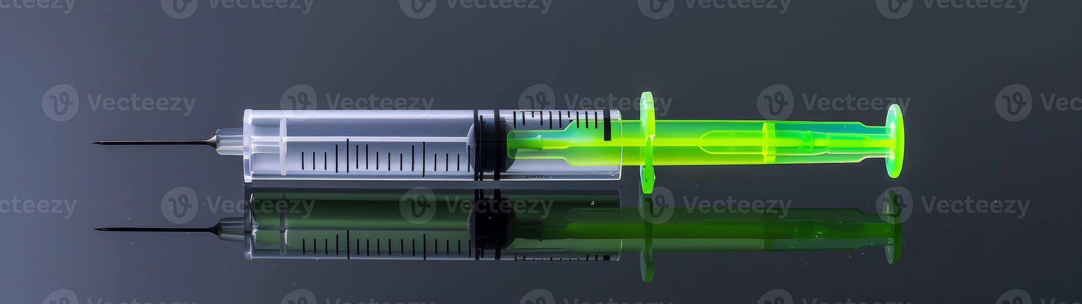 Syringe with green liquid on reflective surface photo