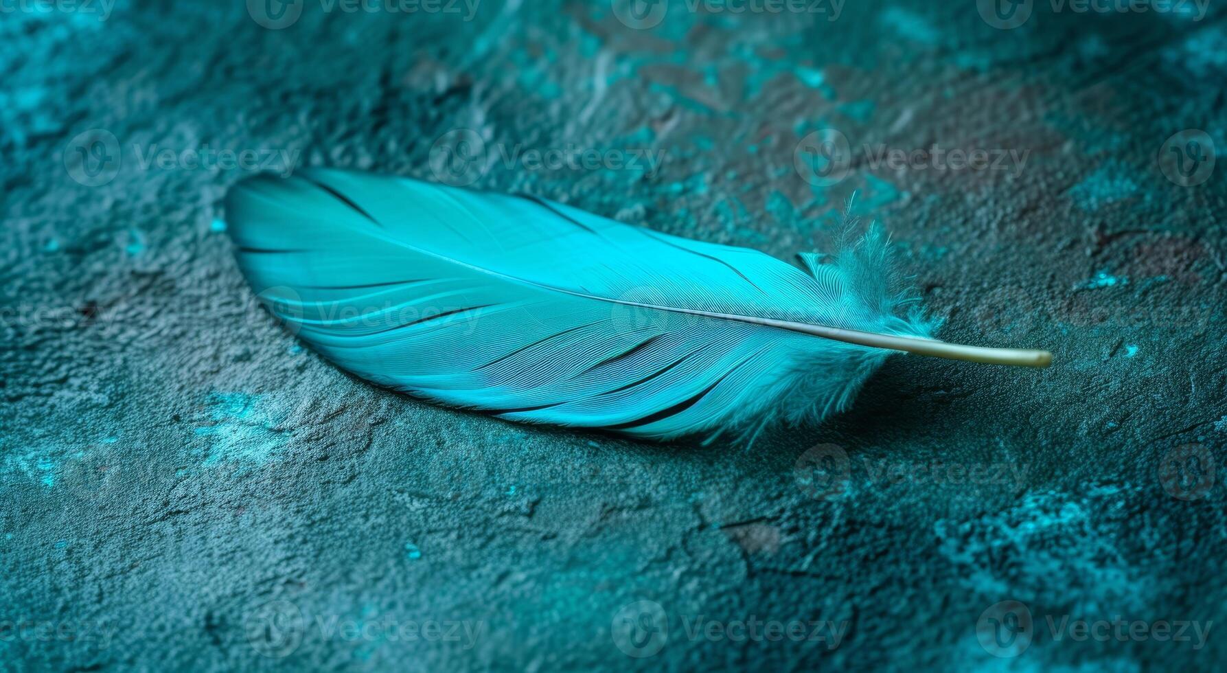 Vibrant turquoise feather on a textured background photo