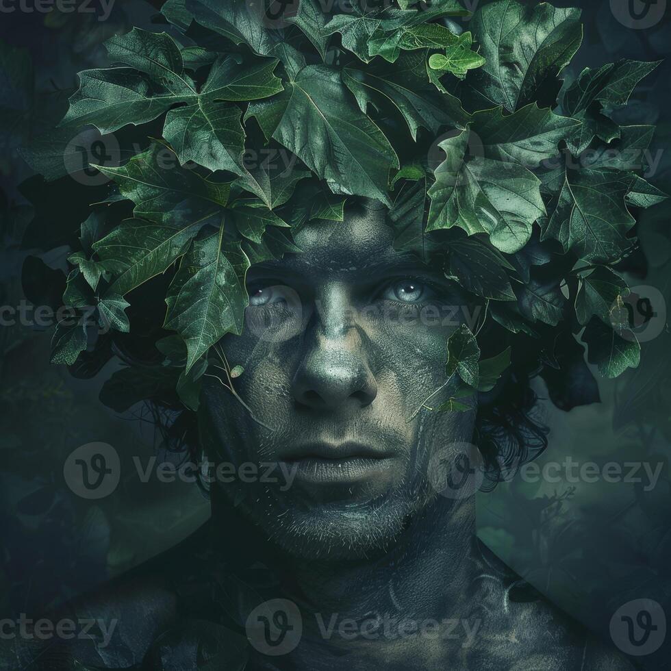 Mystical Man with Leaf Crown in Enchanted Forest photo