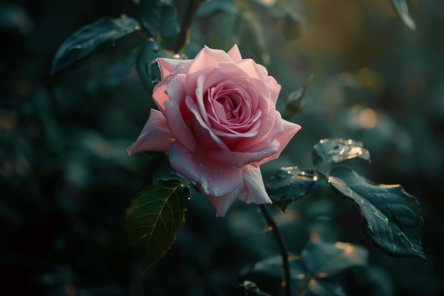 Dew kissed pink rose in a mystical garden setting photo