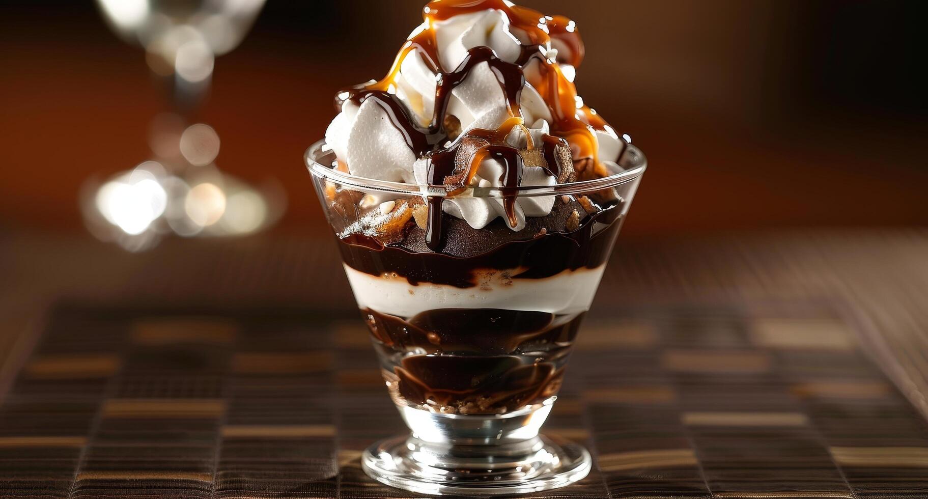 Delicious layered chocolate and vanilla ice cream sundae with syrup photo