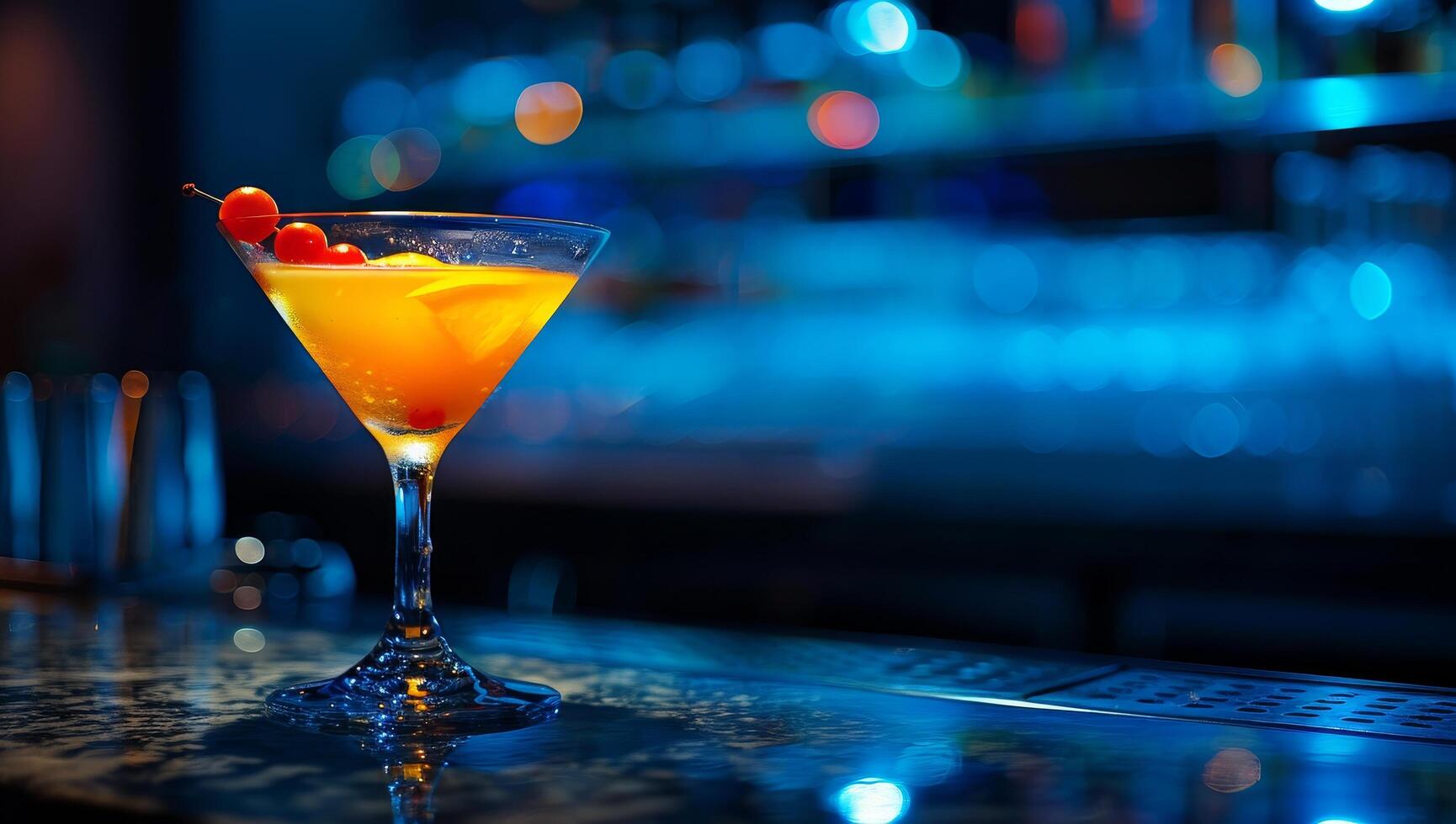 Elegant cocktail glass on a bar counter with colorful blurred background photo