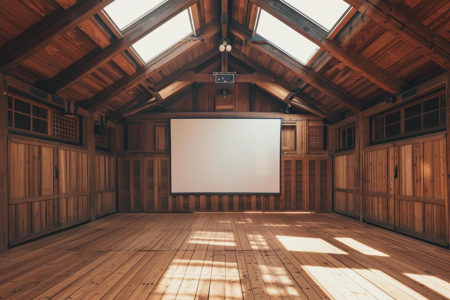 Empty wooden conference room with projector screen photo