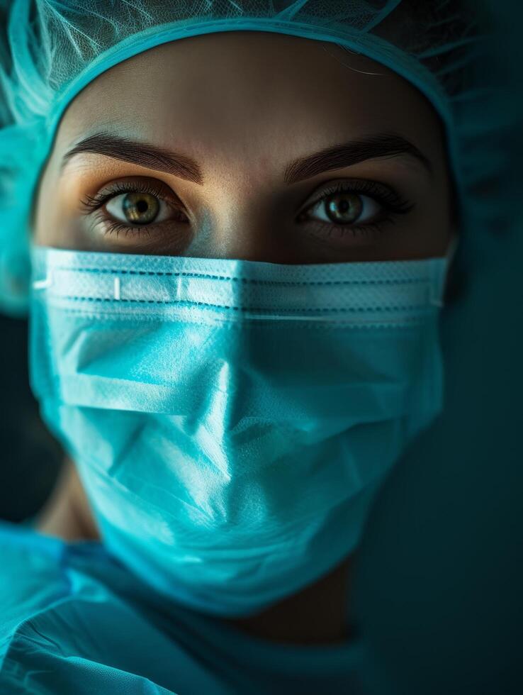 Close up of a healthcare professional in surgical mask and cap photo