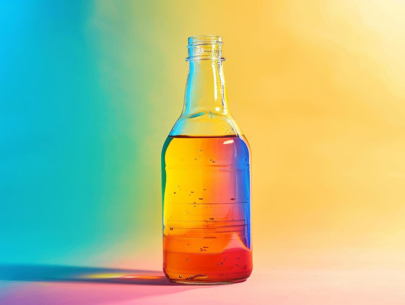 Colorful liquid in a clear bottle against a vibrant background photo