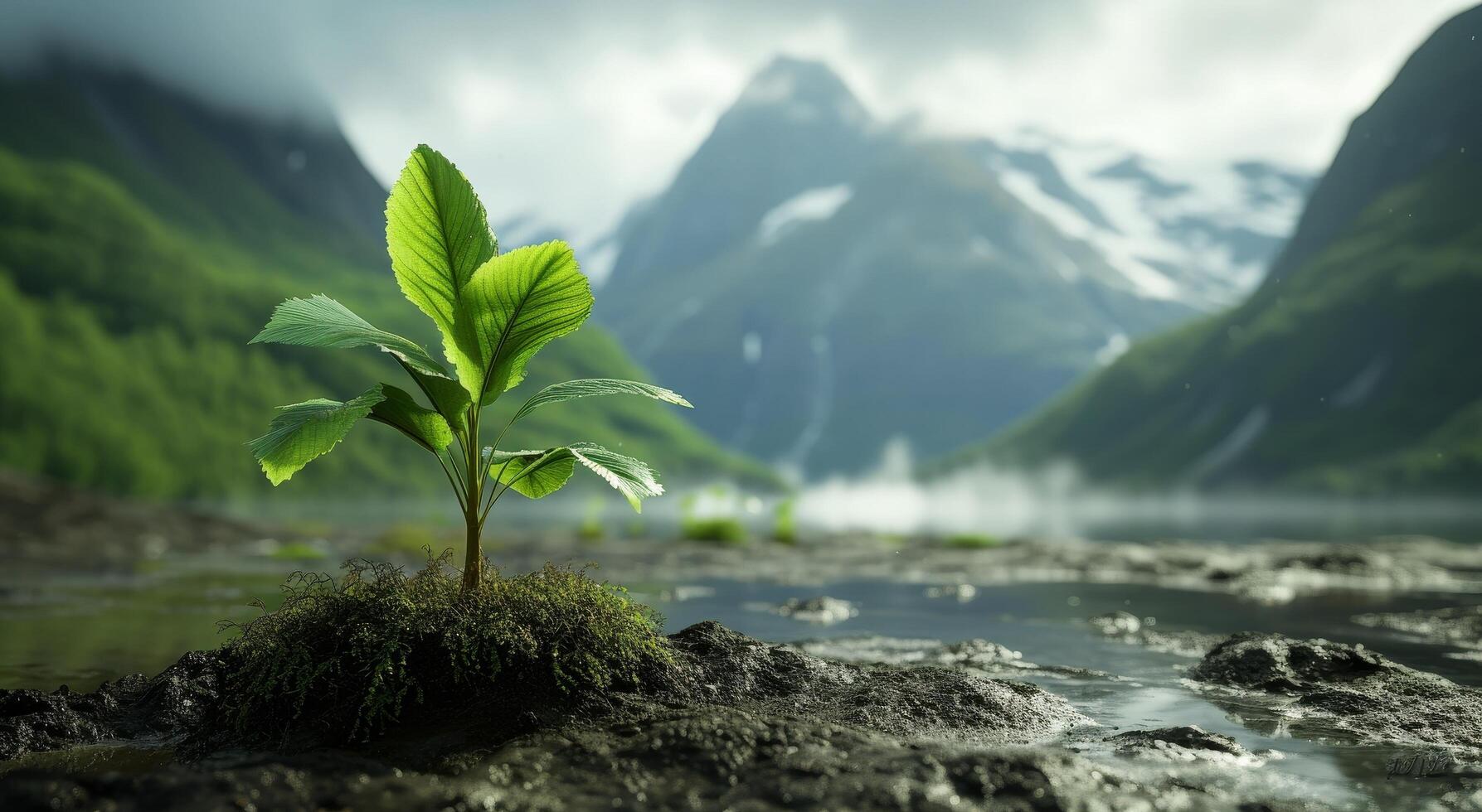 Young plant sprouting in a mountainous landscape photo