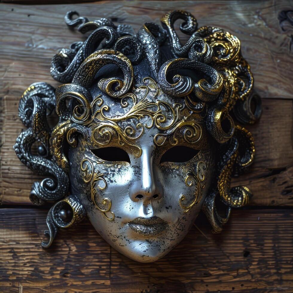 Elegant Venetian mask on a wooden background photo