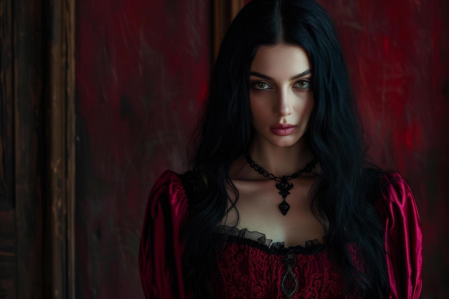 Mysterious woman in a red dress with a gothic look photo
