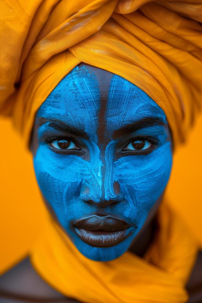Portrait of a woman with blue painted face and yellow headscarf photo