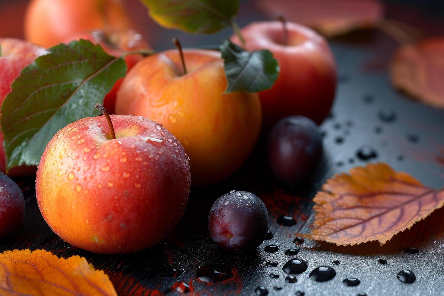 Fresh apples with water droplets on a dark background photo