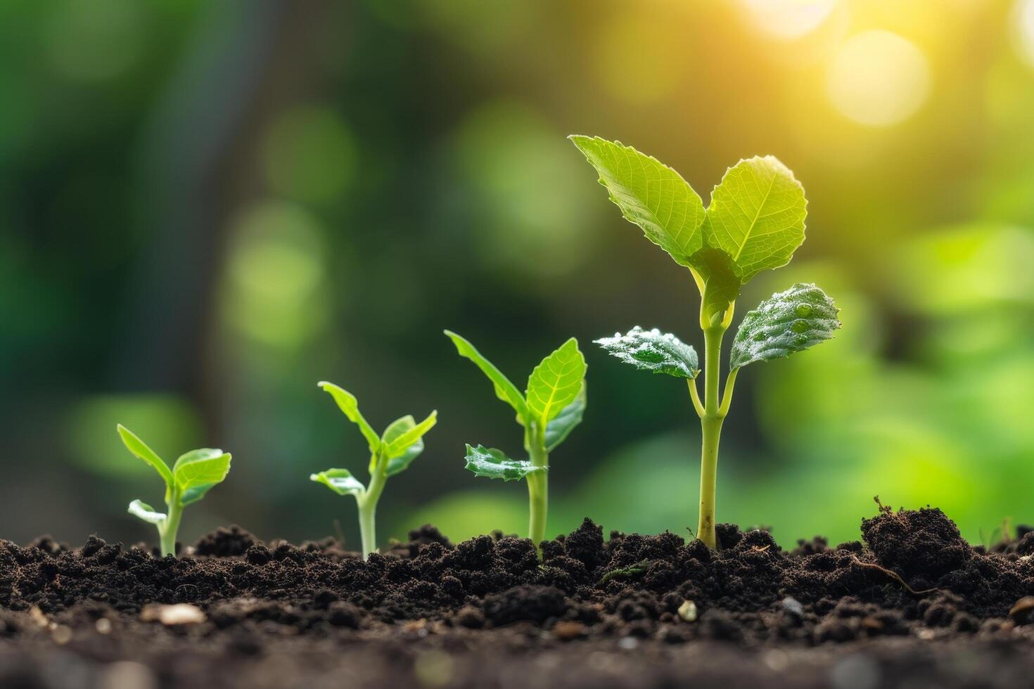 Stages of plant growth in fertile soil with sunlight photo