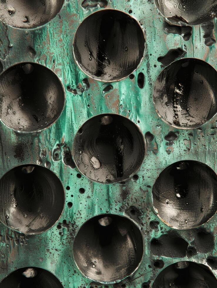Abstract texture of black spheres on a green corroded metal surface photo