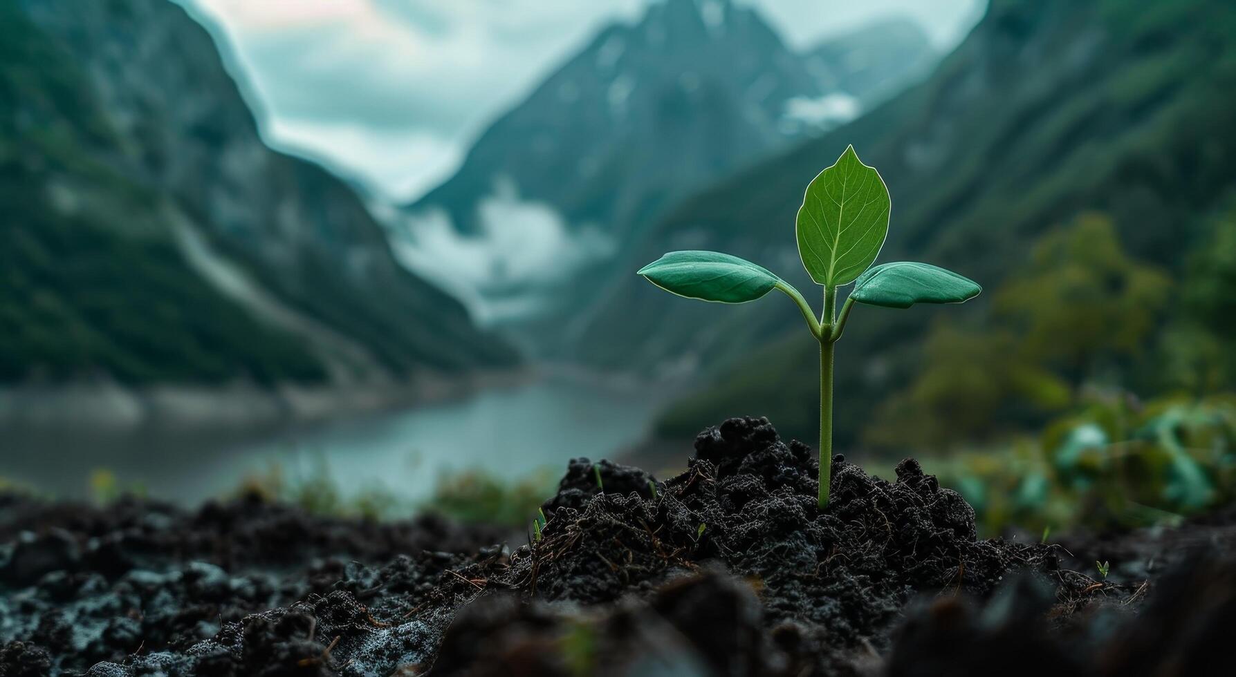 Young plant sprouting in mountainous terrain photo
