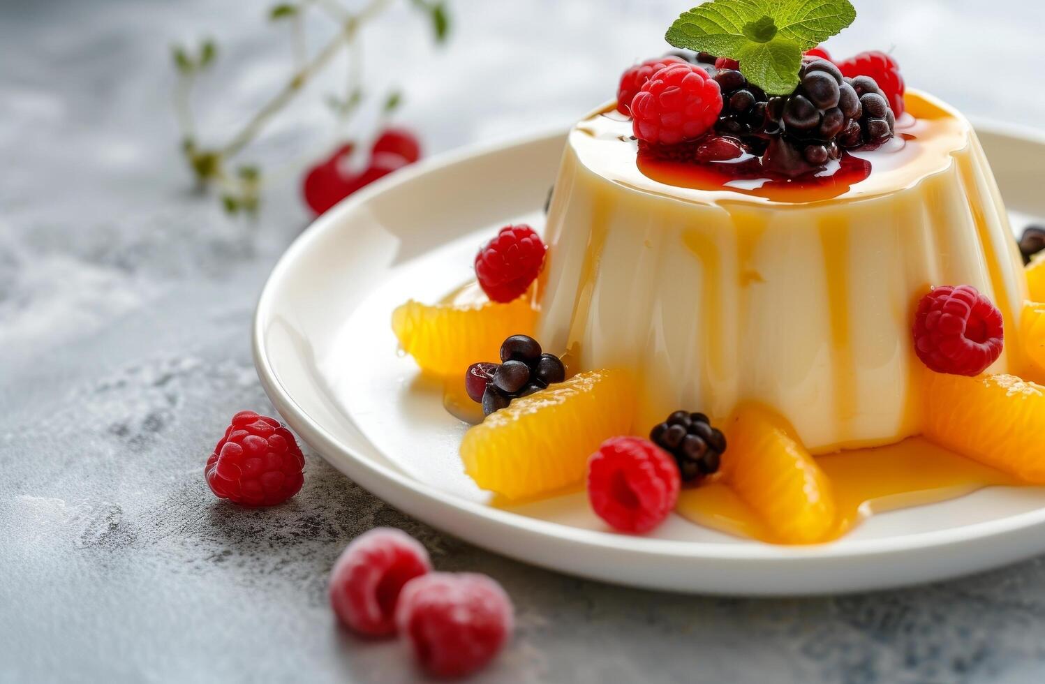 Delicious vanilla panna cotta with fresh berries and fruit coulis photo