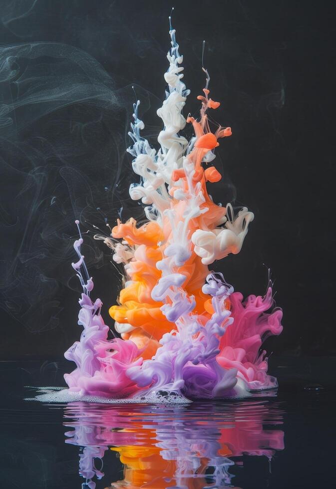 Colorful ink drop explosion in water with reflection photo