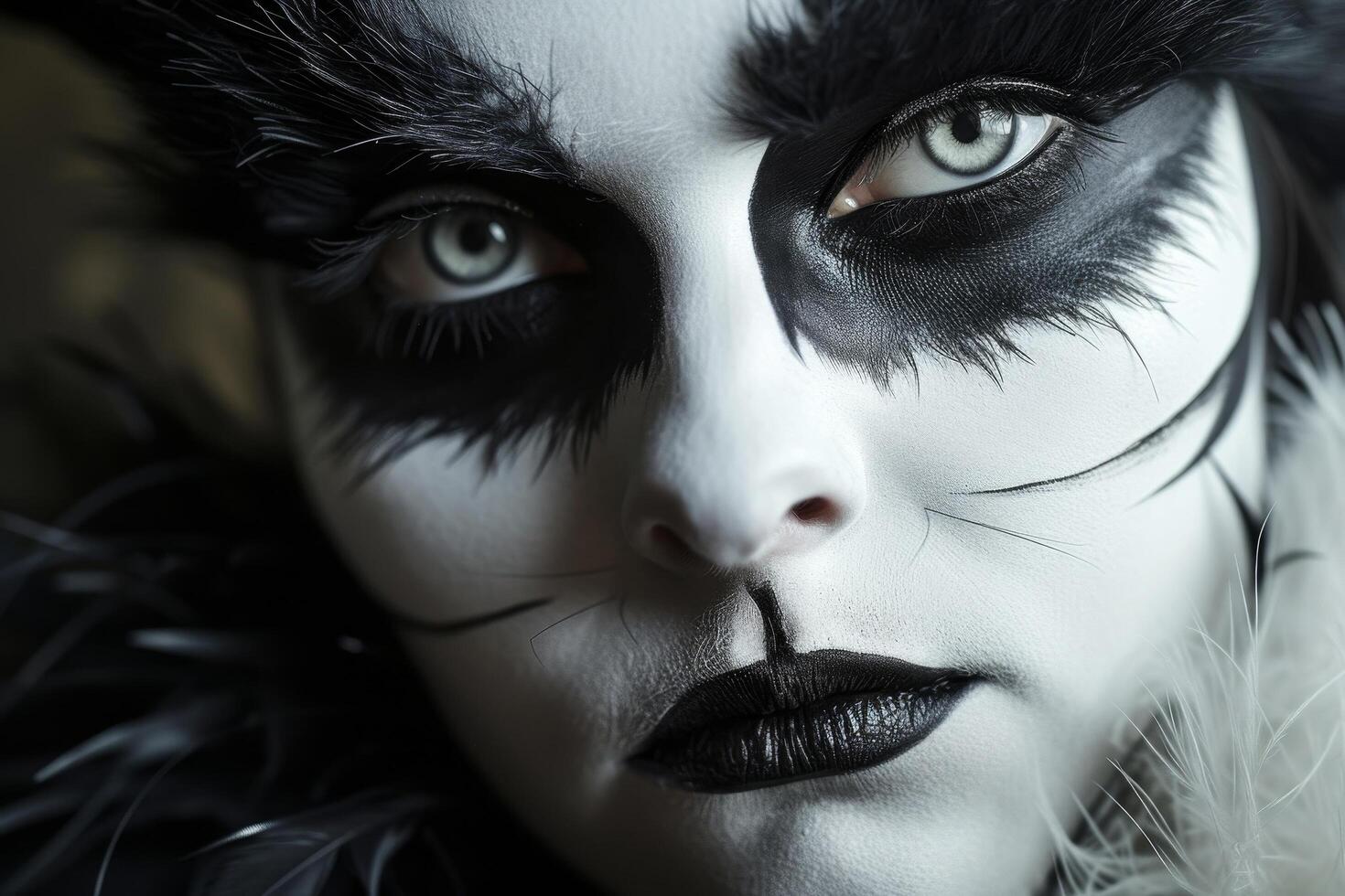 Mysterious person with dramatic black and white makeup and feathered costume photo