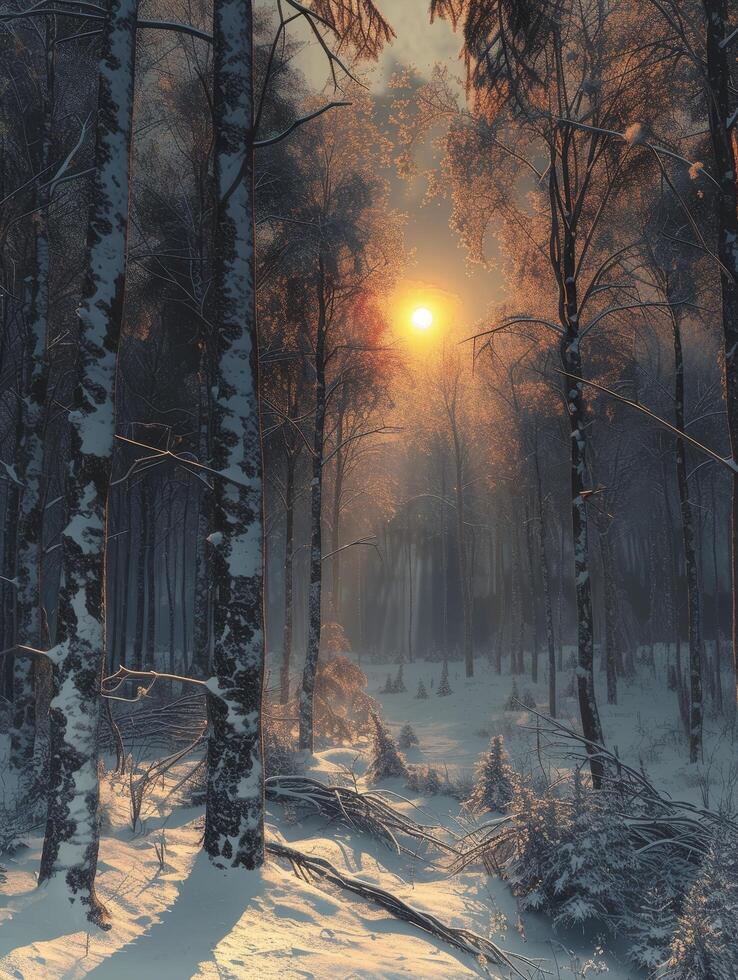 Sunset in a snowy birch forest photo