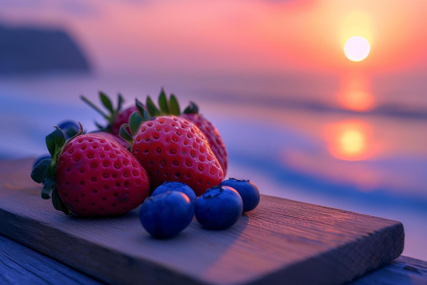 Fresh berries on a wooden board at sunset photo