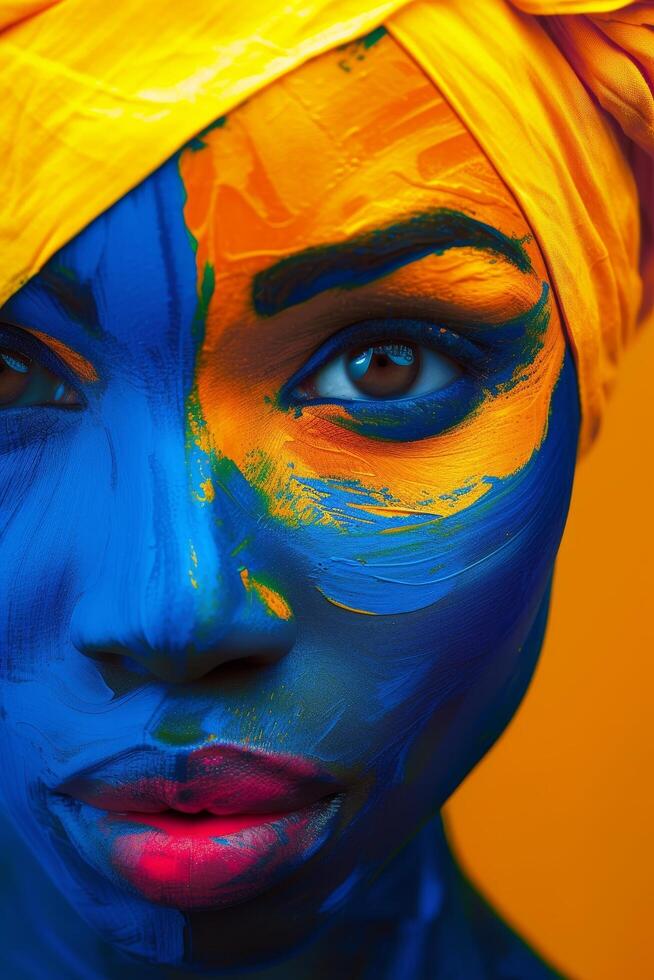 Vibrant Portrait of a Woman with Colorful Face Paint photo