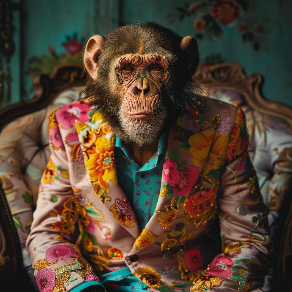 Stylish chimpanzee in a colorful suit posing for a portrait photo