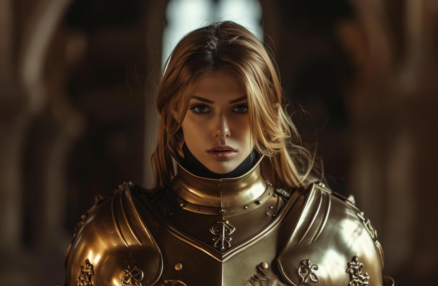 Confident woman in medieval armor posing with a determined look photo
