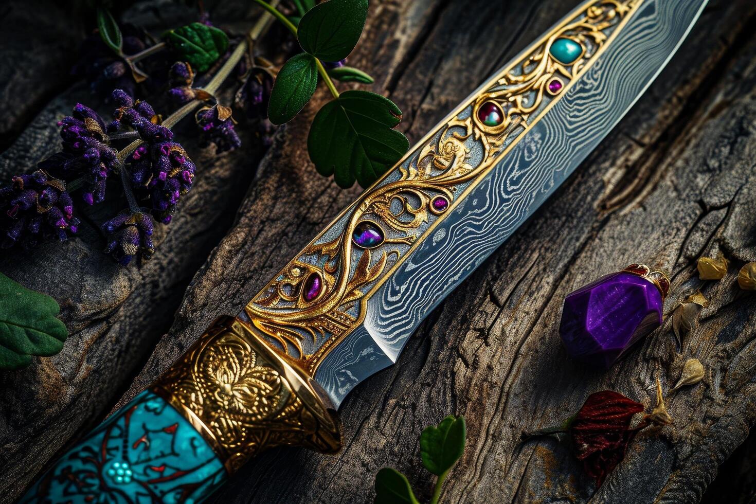Ornate Dagger on Wooden Background with Natural Elements photo