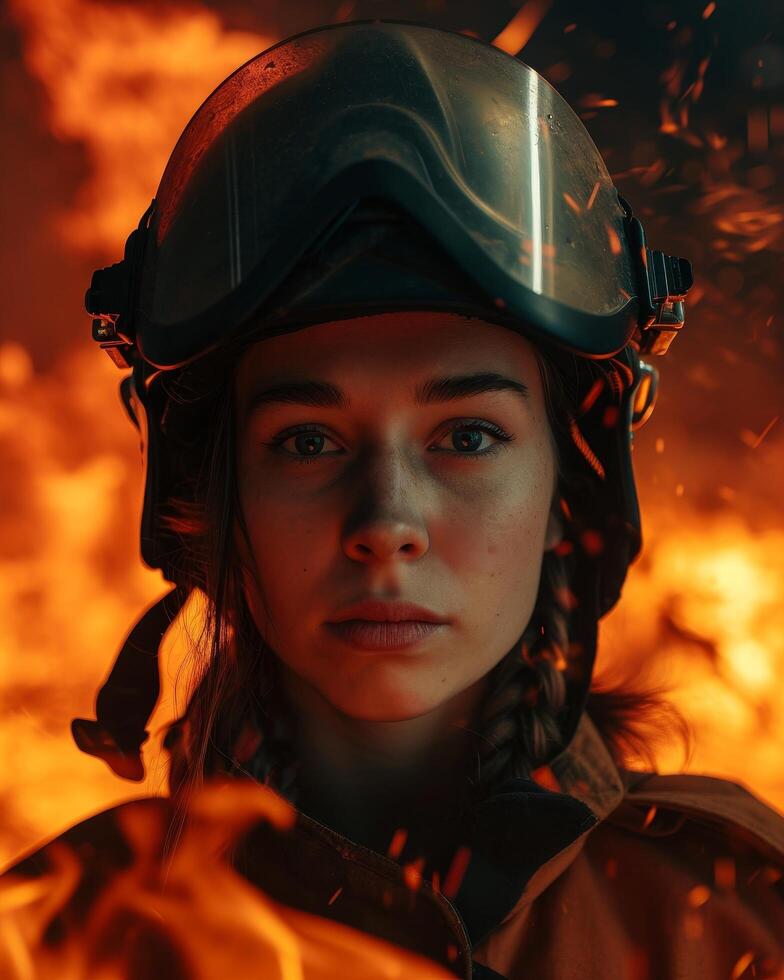 Brave female firefighter facing intense flames photo