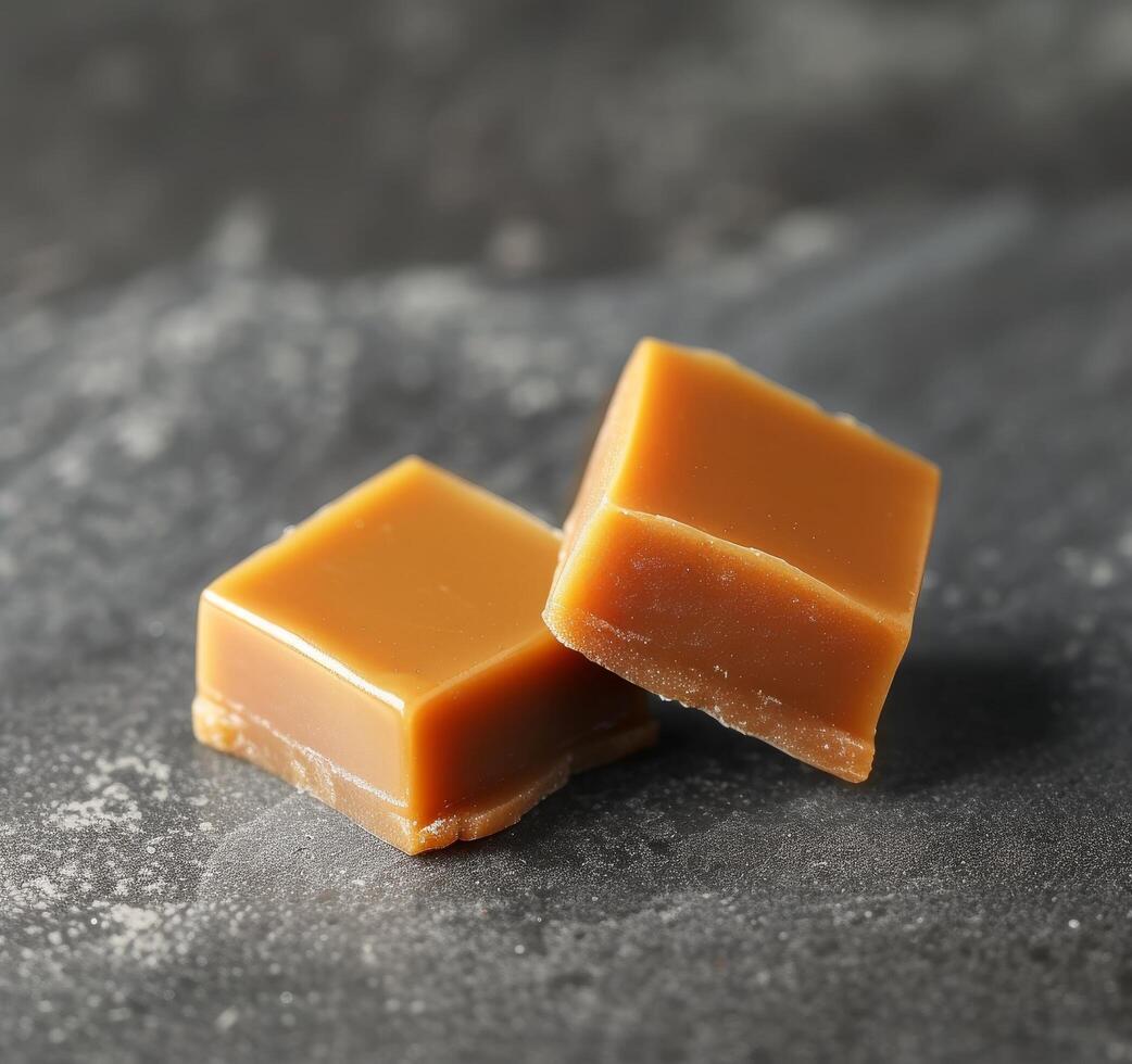 Close up of Delicious Caramel Pieces on a Dark Surface photo