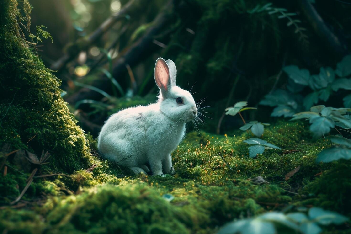 White rabbit sitting in a mystical forest photo