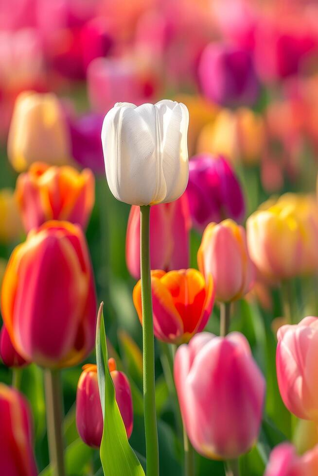 Single white tulip standing out in a colorful tulip field photo