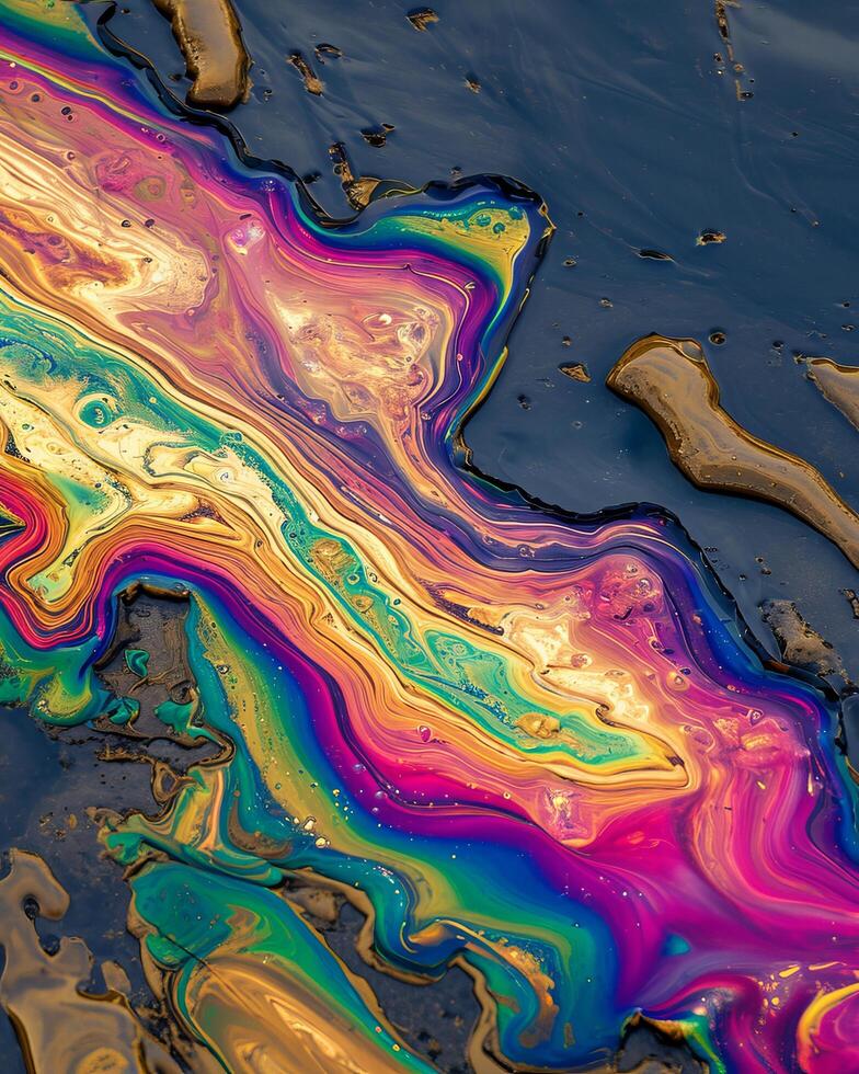Colorful oil spill on water surface creating a psychedelic pattern photo