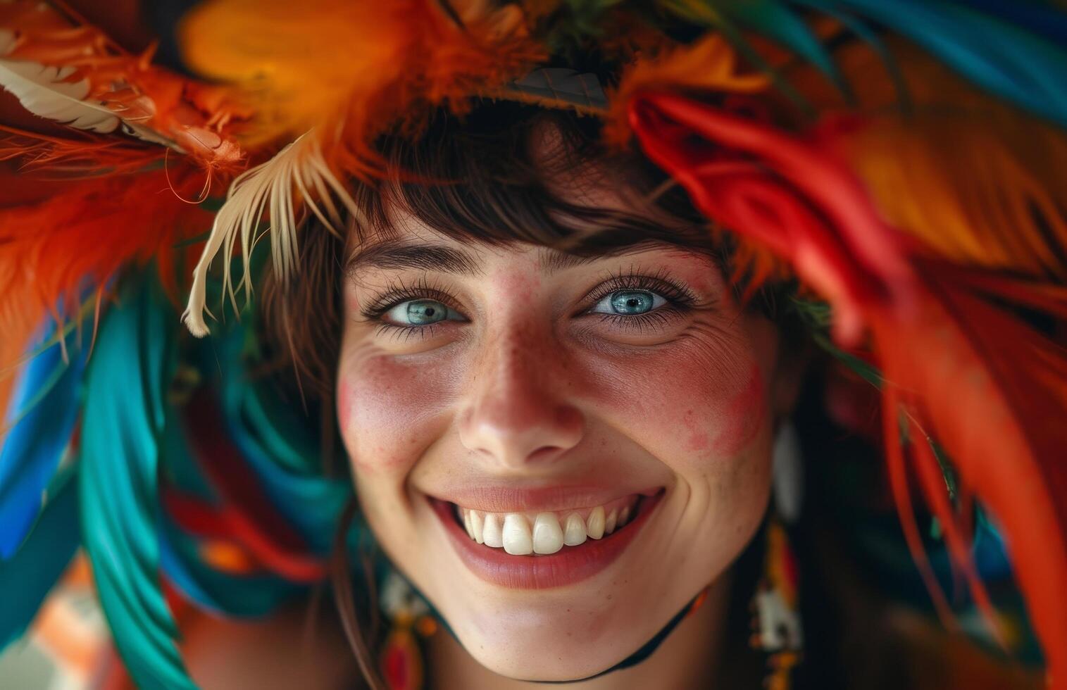 Smiling Woman with Colorful Feather Headdress photo