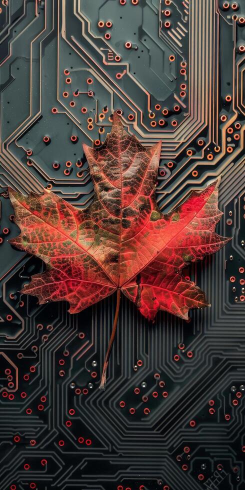 Autumn leaf on a circuit board representing technology and nature intersection photo