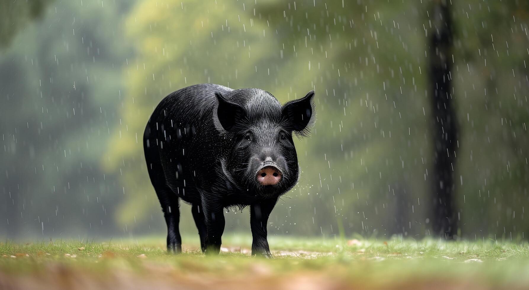 Black pig standing in the rain in a lush forest photo