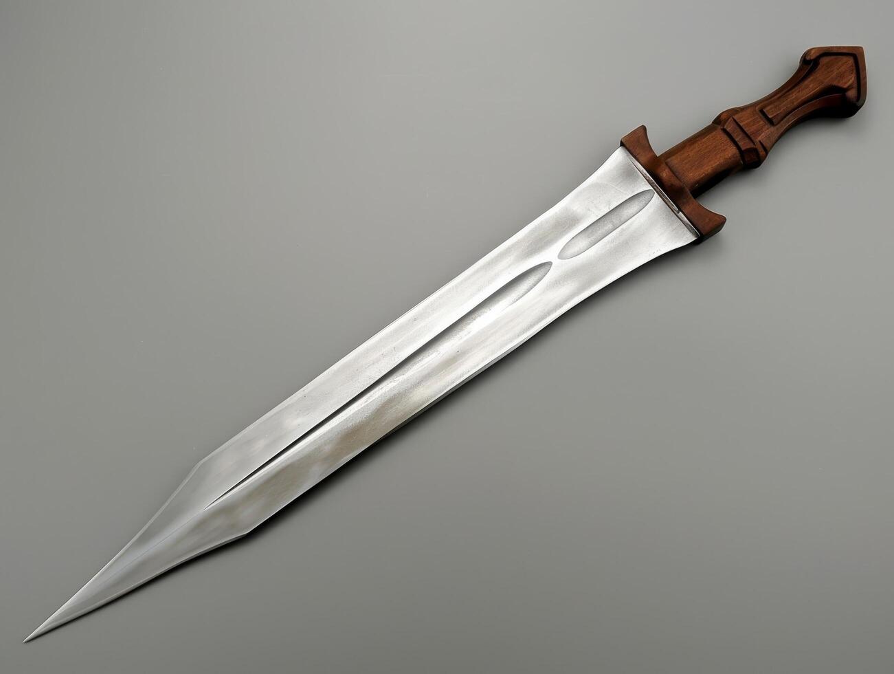 Shiny metal dagger with wooden handle on a gray background photo