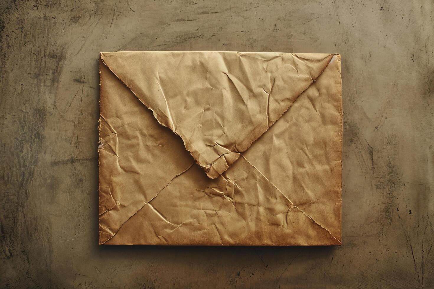 Old crumpled envelope on a wooden background photo